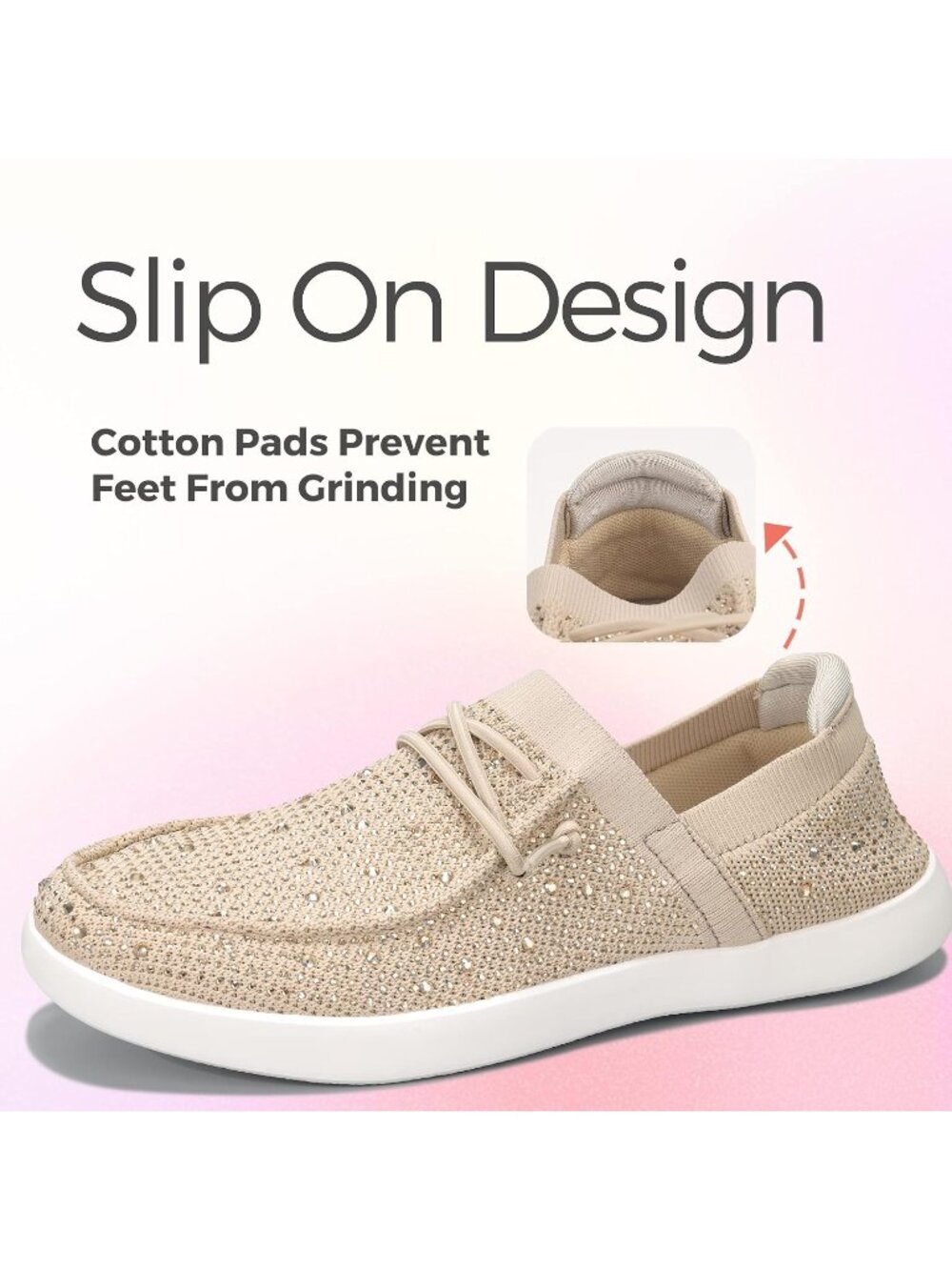 Women's Beige Knit Comfortable Rhinestone Lace Up Loafers Fashion Sneakers - Picture 5 of 7